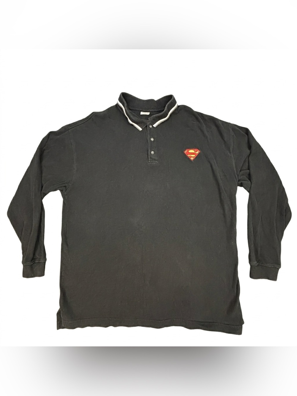 VTG 2000 Warner Bros Superman Man of Steel Long Sleeve Polo Rugby Shirt Black XL